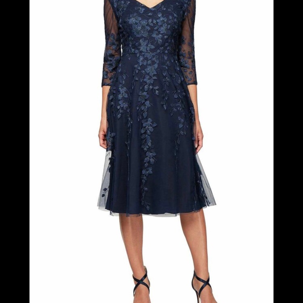 Alex evenings quarter sleeve embroidered dress